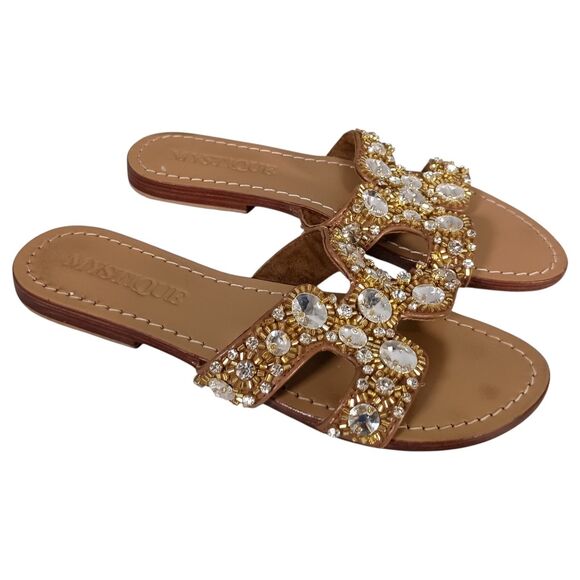 Mystique Sandals 6 Womens Brown Leather Flat Comfort Slip On Casual Jeweled - Picture 1 of 9